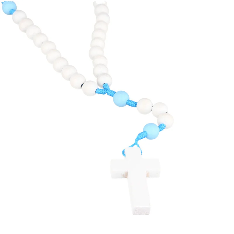 Chapelet en bois blanc sur corde bleu et paters bleus