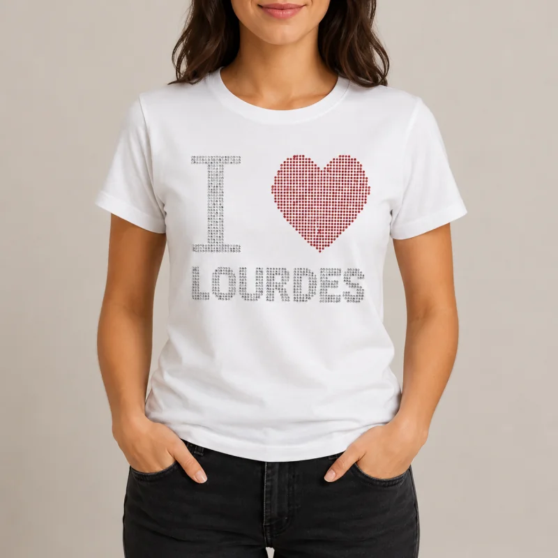 White “I Love Lourdes” T-shirt with rhinestones