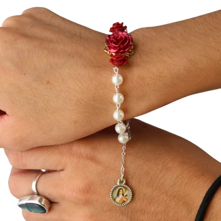 Saint Rita beaded bracelet with red roses