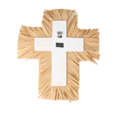 Religious cross made from seashell and raffia, 28cm