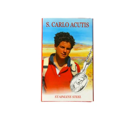 Steel necklace with a Saint Carlo Acutis medallion and illustrated box