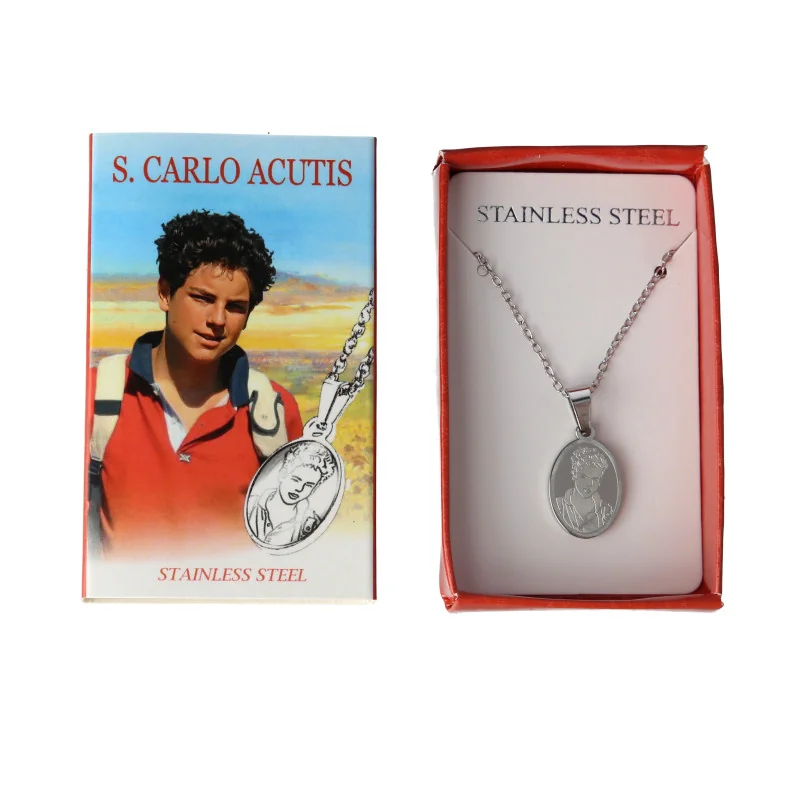 Steel necklace with a Saint Carlo Acutis medallion and illustrated box