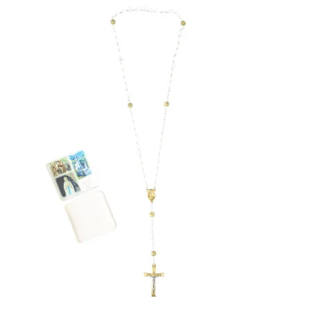 Rosario di Lourdes in cristallo con grani rosa dorati e relativa scatola