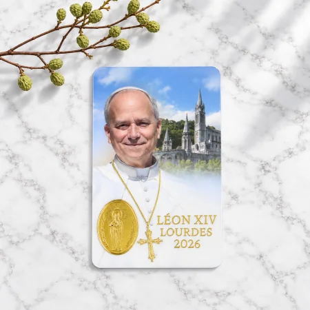 Carte de prière Pape Léon à Lourdes 2026 avec médaille