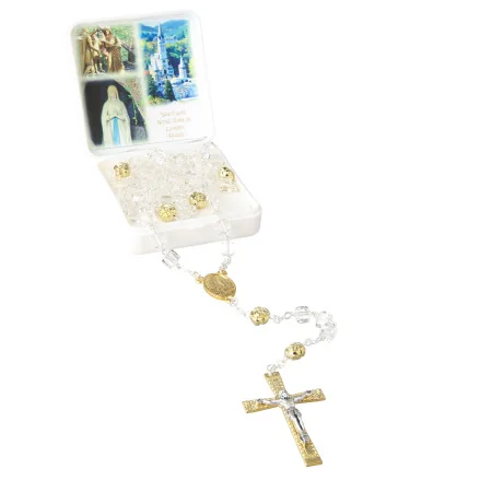Rosario di Lourdes in cristallo con grani rosa dorati e relativa scatola
