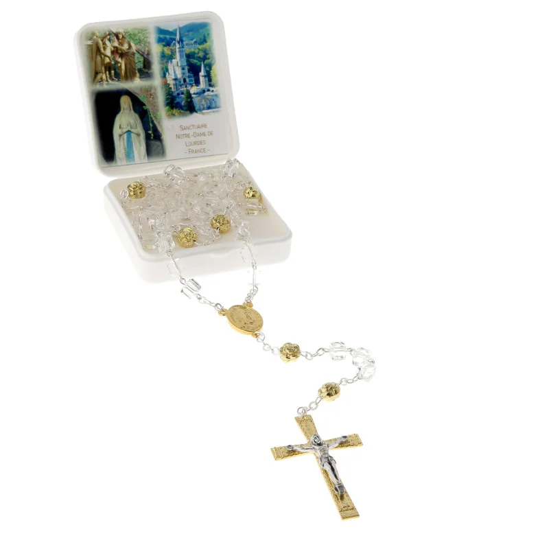 Lourdes rosary made of crystal with gold-plated rosary beads and case