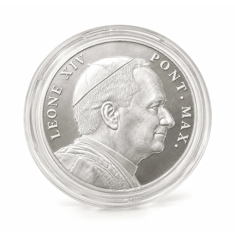Medaglia souvenir argentata Papa Leone XIV e Lourdes