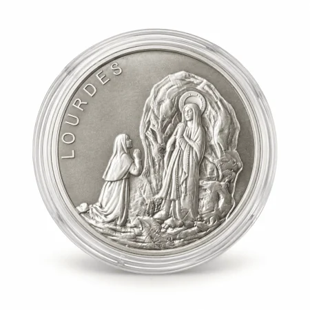 Medaglia souvenir argentata Papa Leone XIV e Lourdes