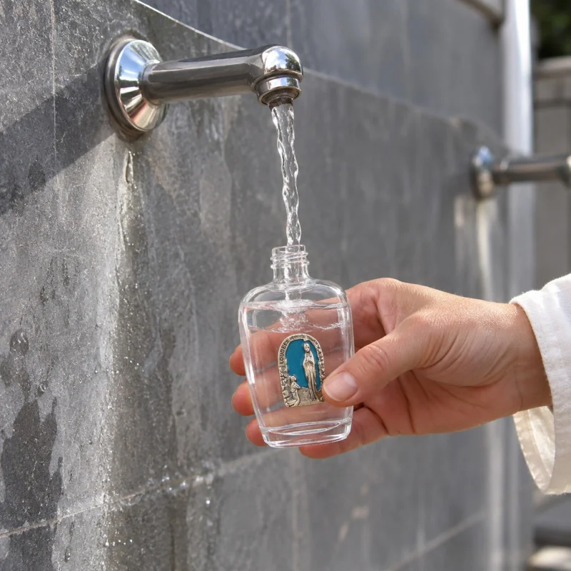Flacone in vetro da 100 ml di Acqua di Lourdes con Medaglia dell’Apparizione blu